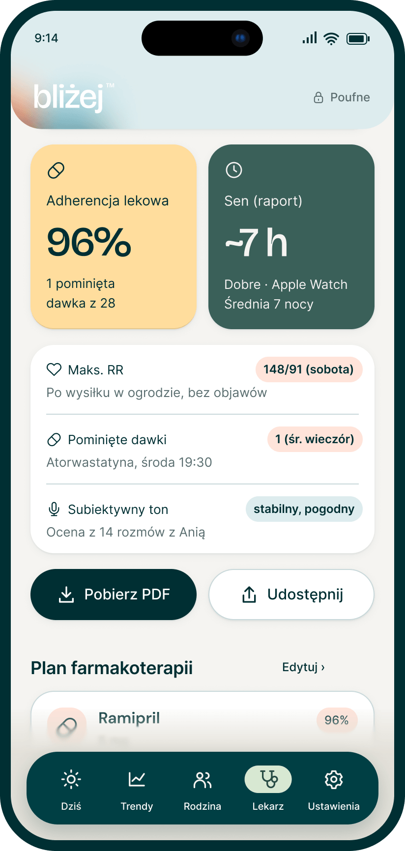 HereDay app screen with a health summary and medication plan