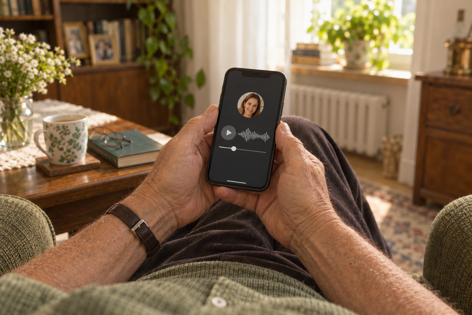 A parent listening to a message from their daughter on the phone