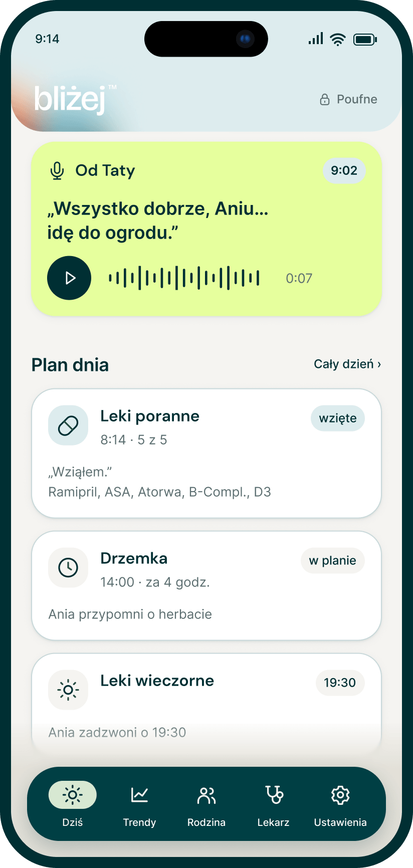 HereDay app screen with a voice message from Dad